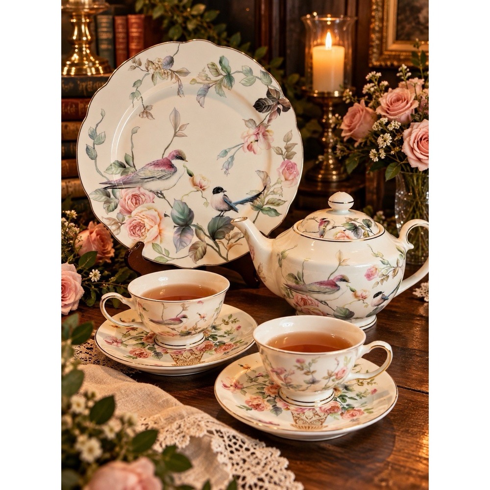 Grace Teaware Fine Porcelain Bird Floral Tea Set Teapot Cups Saucers Platter